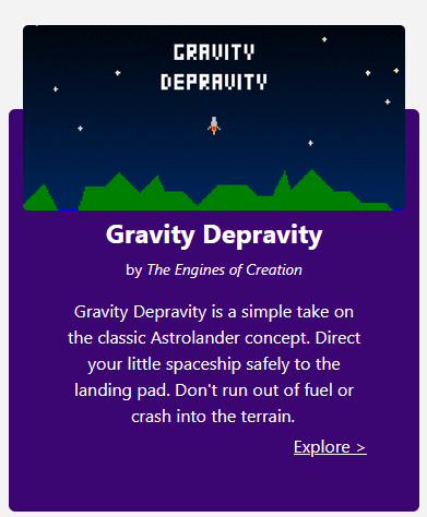 Game panel with game name, developer name and short description